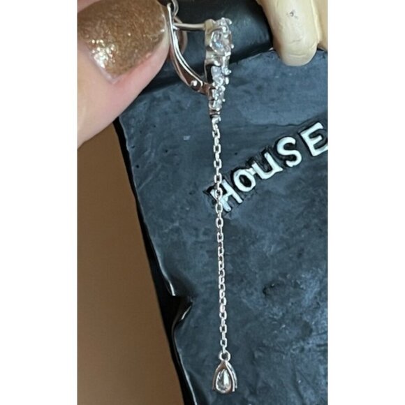 925 Sterling Silver Rhodium Plated Pear and Princess Cut CZ Dangle Earrings - Picture 8 of 14